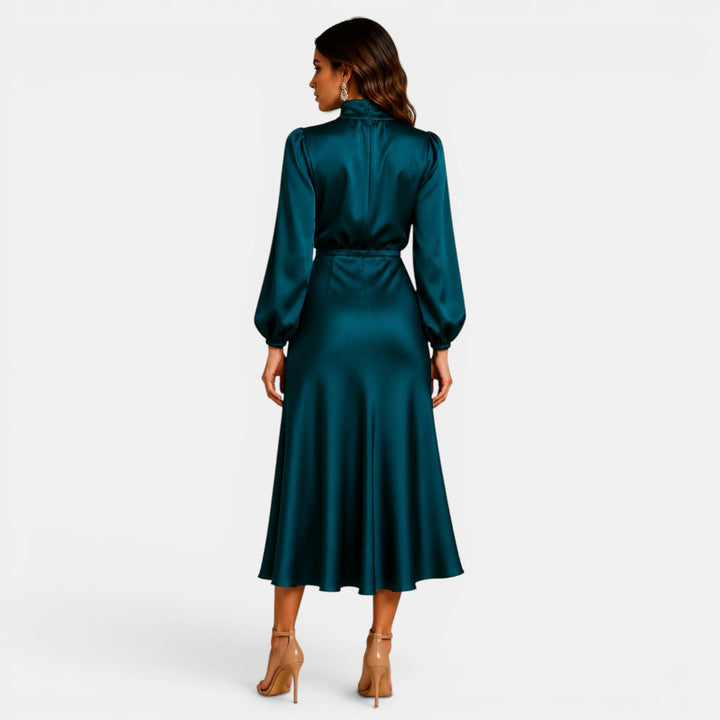 Belcien elegant long sleeve midi dress with high neck and high-waist silhouette