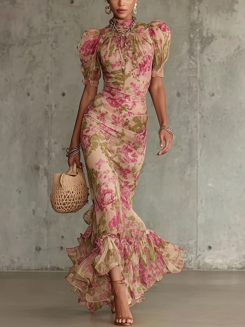 Jill | Vestito Maxi Rosa Vintage con Maniche a Palloncino