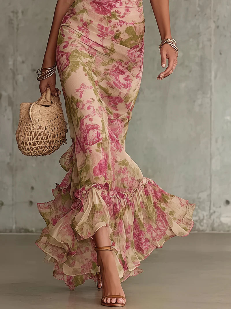 Jill | Vestito Maxi Rosa Vintage con Maniche a Palloncino