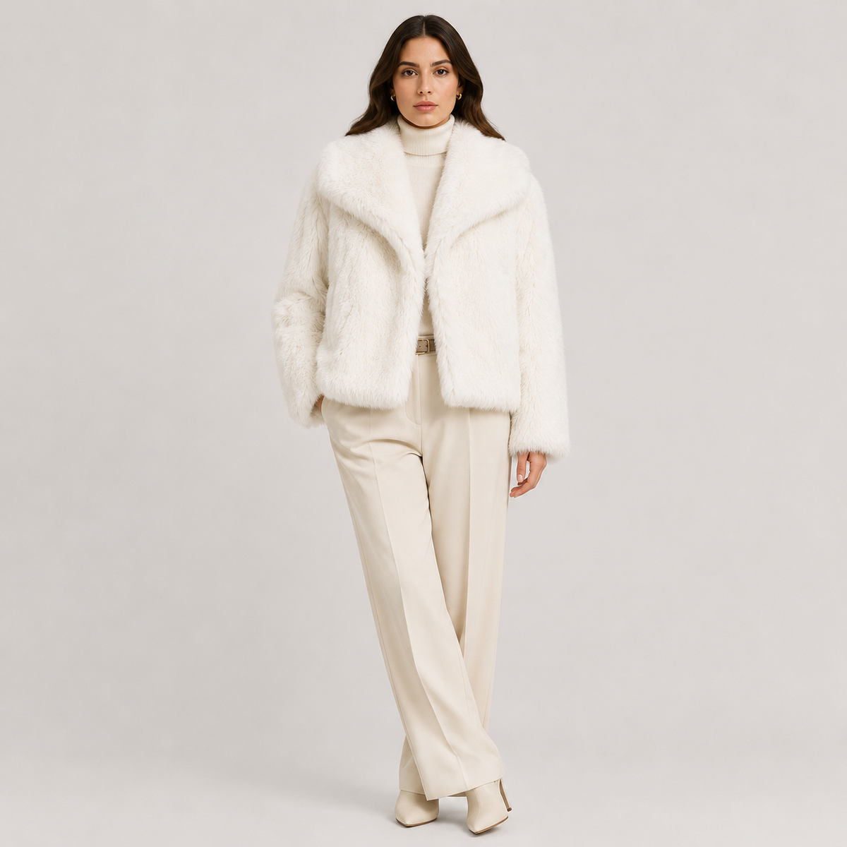 Women's faux fur look winter jacket with oversized collar in a neutral tone
