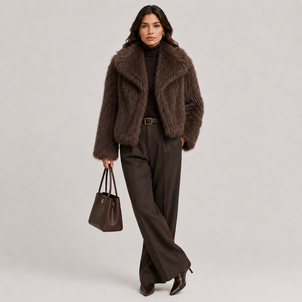Women's faux fur look winter jacket with oversized collar in a neutral tone