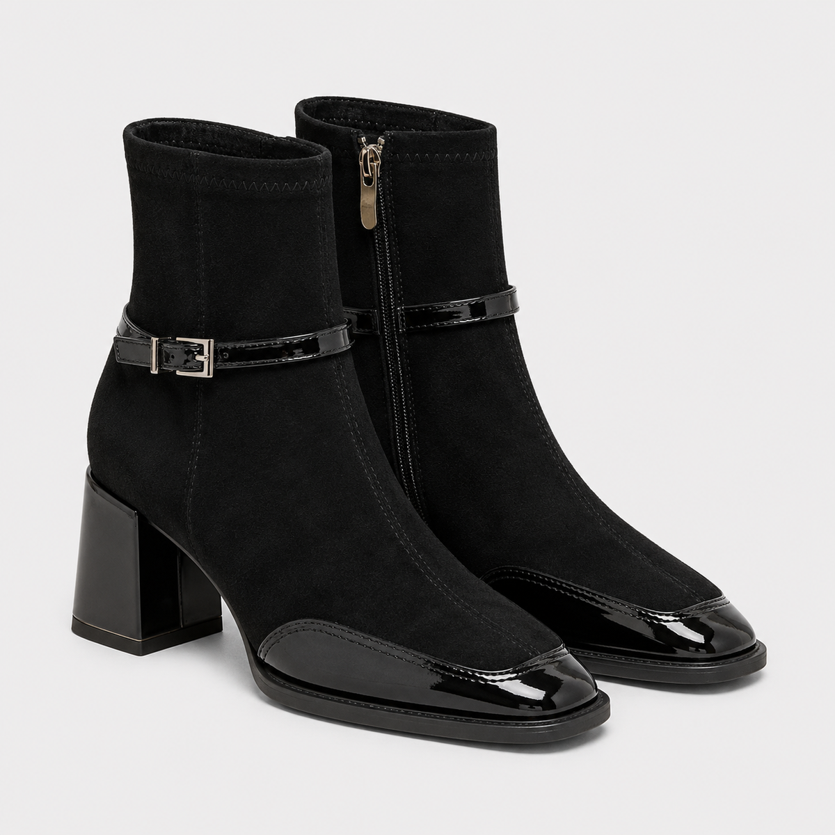 Women's leather-look ankle boots with block heel and side-zip in brown, red, and black