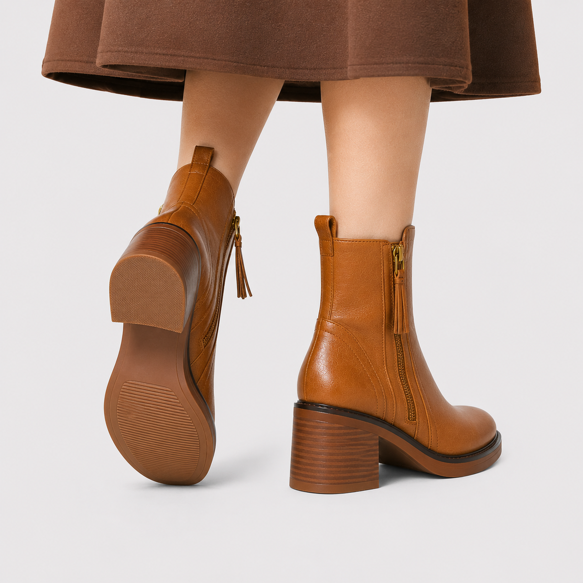 Women's side-zip leather-look ankle boots with a mid heel in black and brown