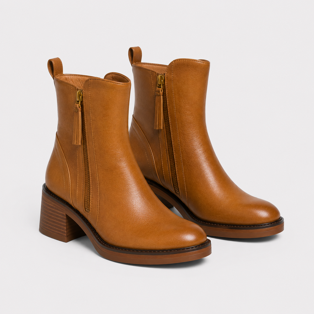 Women's side-zip leather-look ankle boots with a mid heel in black and brown
