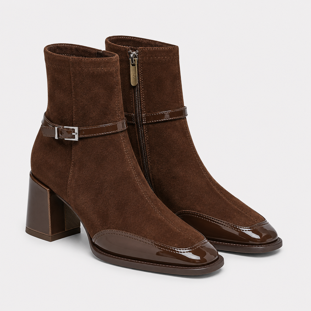 Women's leather-look ankle boots with block heel and side-zip in brown, red, and black