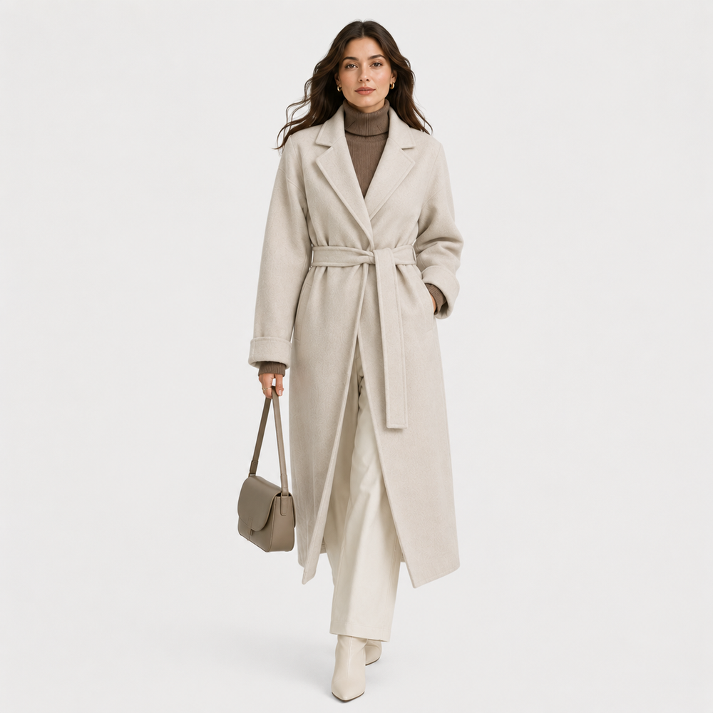 Women's belted wrap coat in neutral tones with graceful lapels and adjustable tie belt
