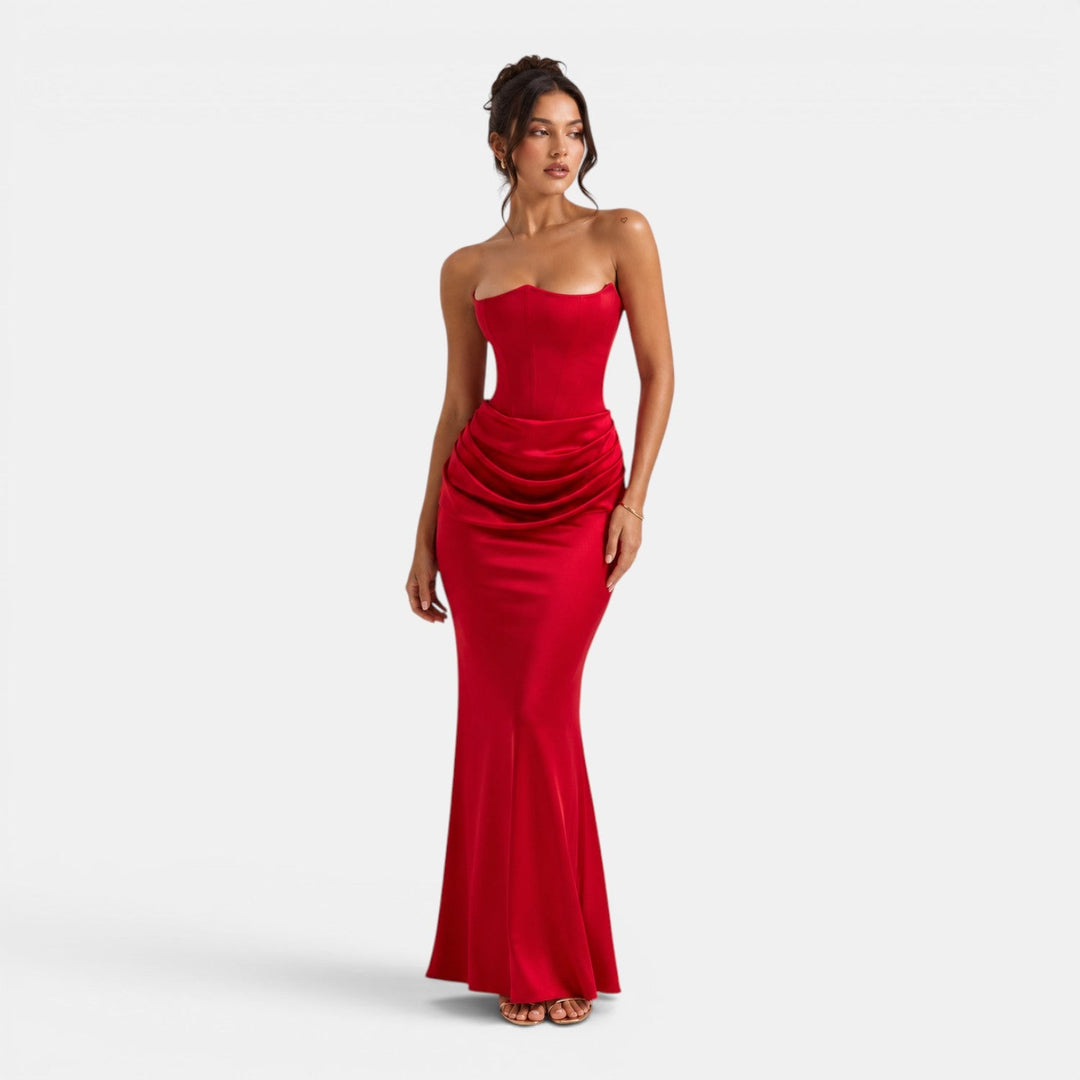 Strapless corset maxi dress with sculpted bodice and flowing satin-finish skirt