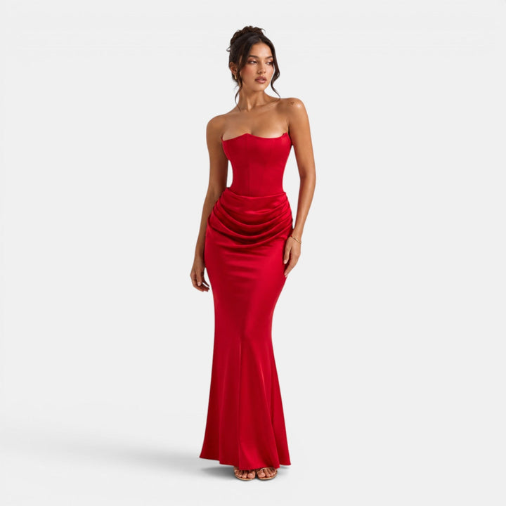 Strapless corset maxi dress with sculpted bodice and flowing satin-finish skirt