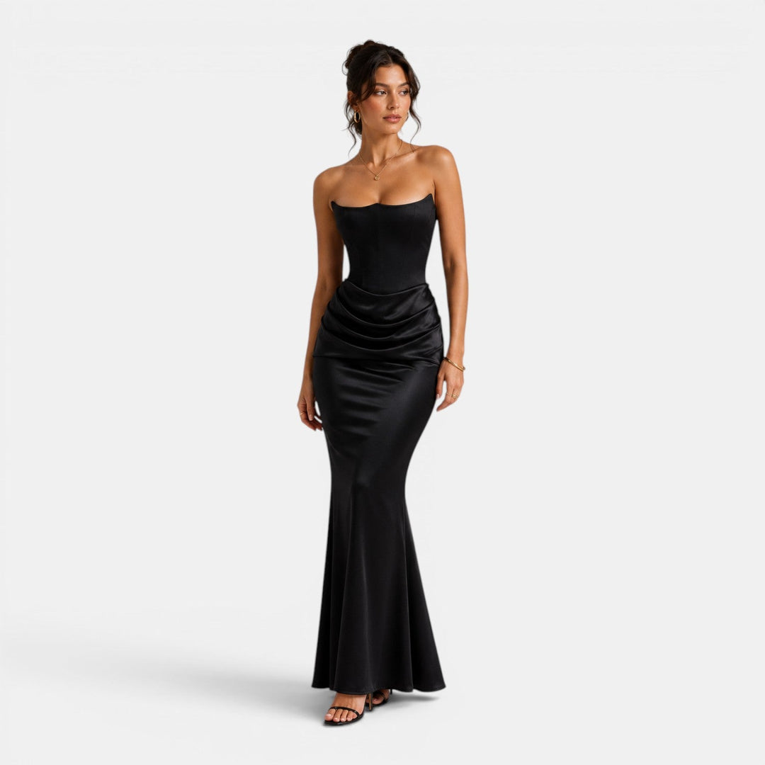 Strapless corset maxi dress with sculpted bodice and flowing satin-finish skirt