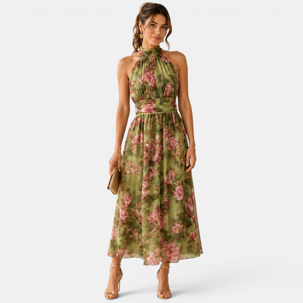 Green floral halter neck maxi dress with flowing skirt