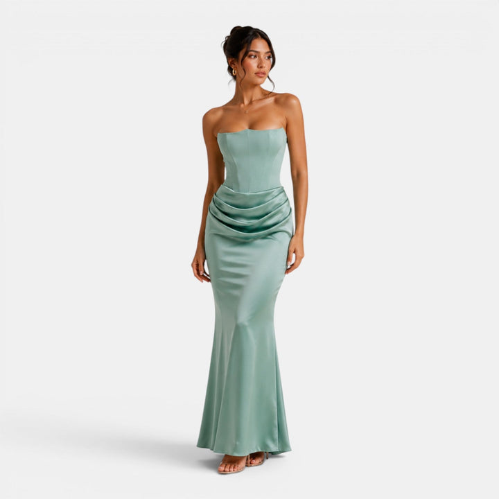 Strapless corset maxi dress with sculpted bodice and flowing satin-finish skirt