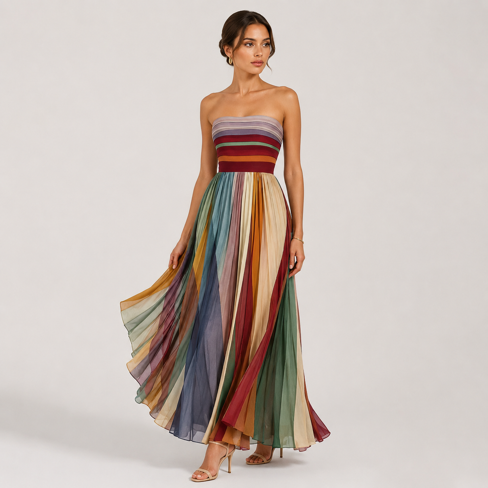 Women's strapless maxi dress with a flowy pleated silhouette