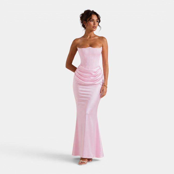Strapless corset maxi dress with sculpted bodice and flowing satin-finish skirt