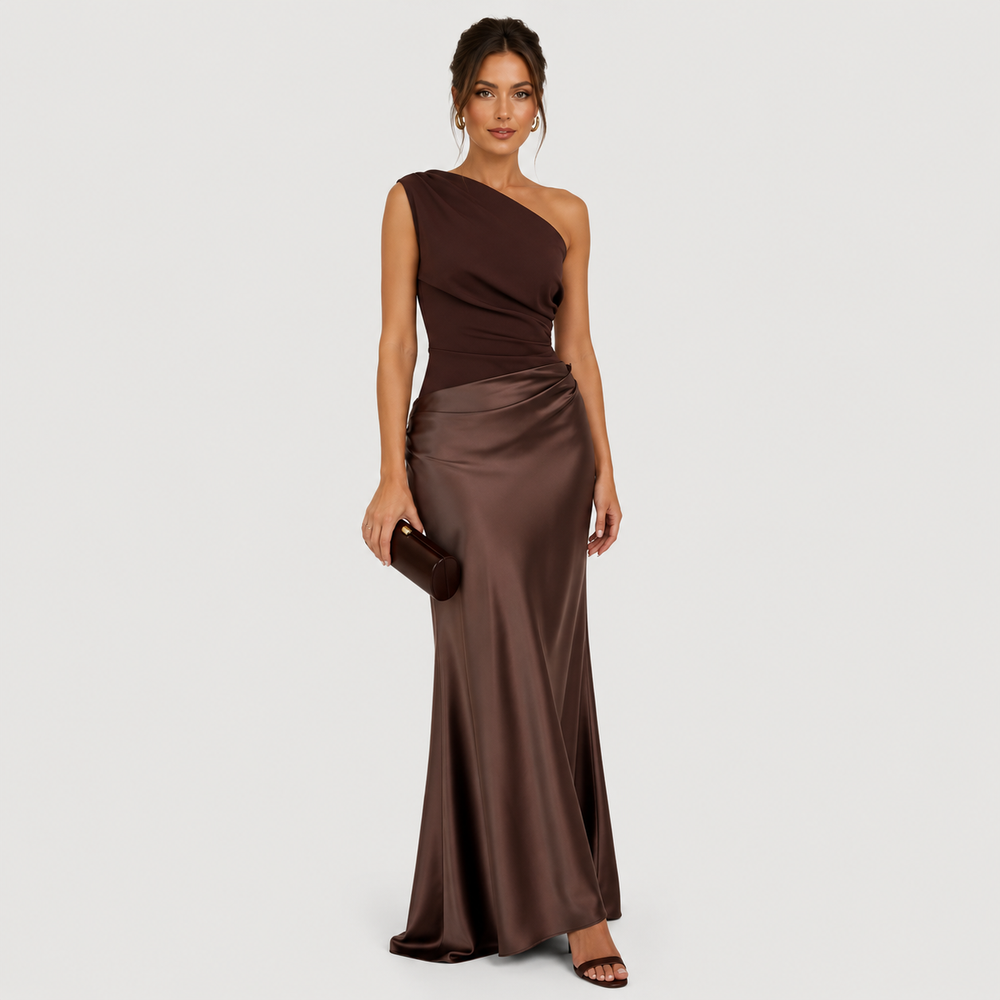 Women's elegant one-shoulder flowing maxi evening dress in brown, dark green, and blue