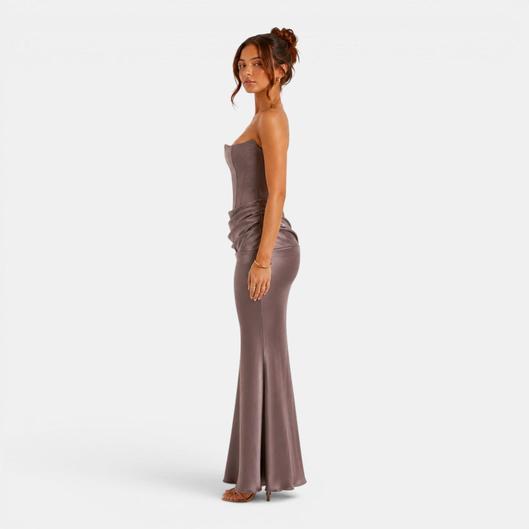 Strapless corset maxi dress with sculpted bodice and flowing satin-finish skirt