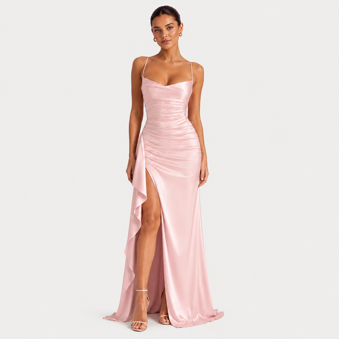Draped sleeveless satin maxi dress with side slit in an elegant flowing silhouette
