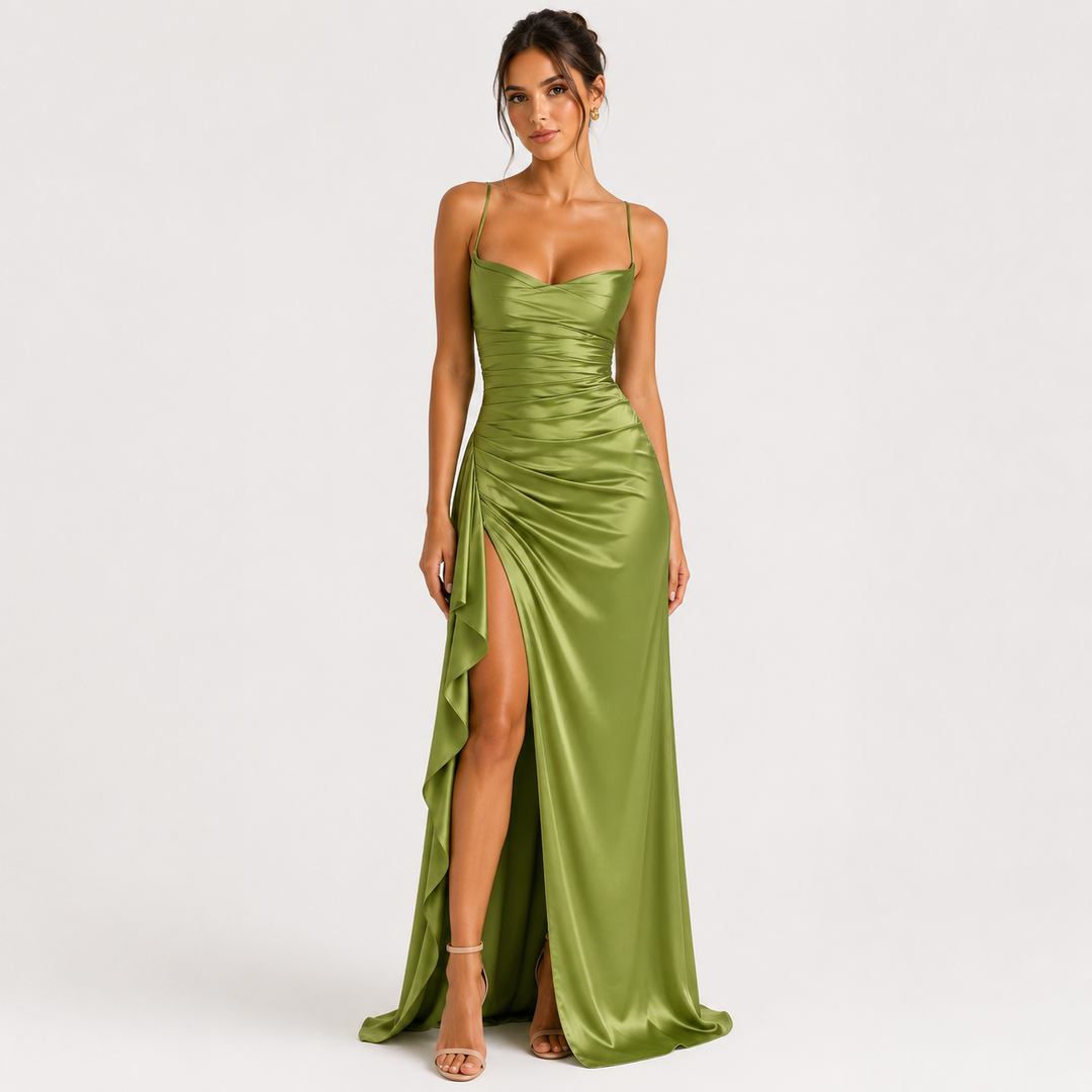 Draped sleeveless satin maxi dress with side slit in an elegant flowing silhouette