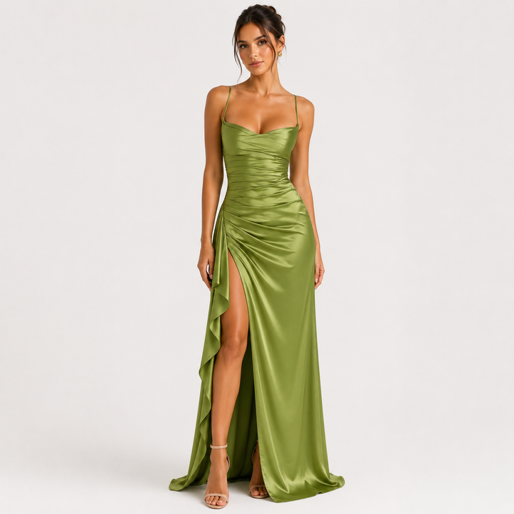 Draped sleeveless satin maxi dress with side slit in an elegant flowing silhouette