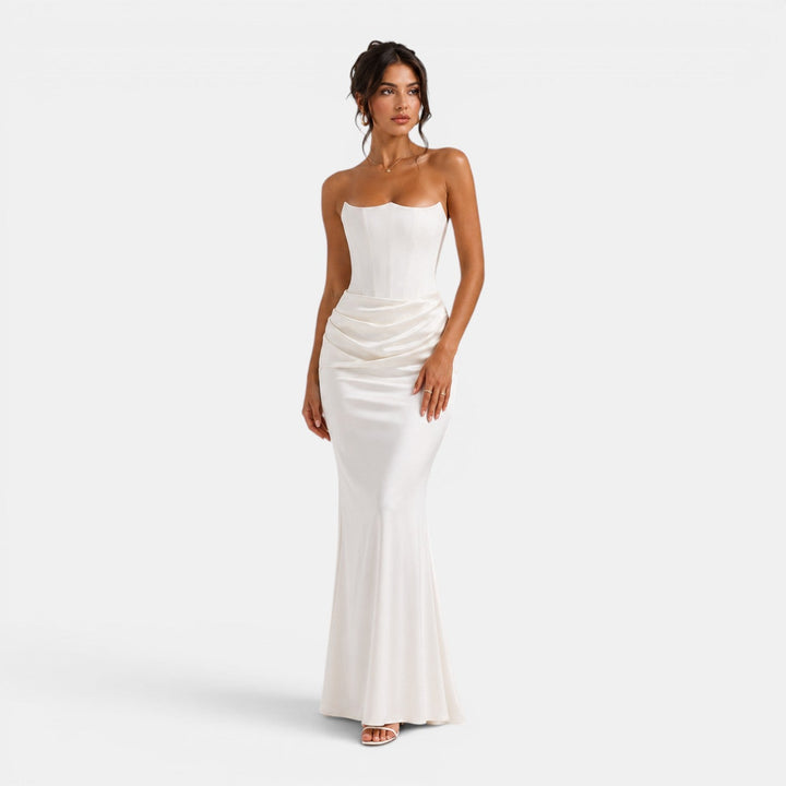 Strapless corset maxi dress with sculpted bodice and flowing satin-finish skirt