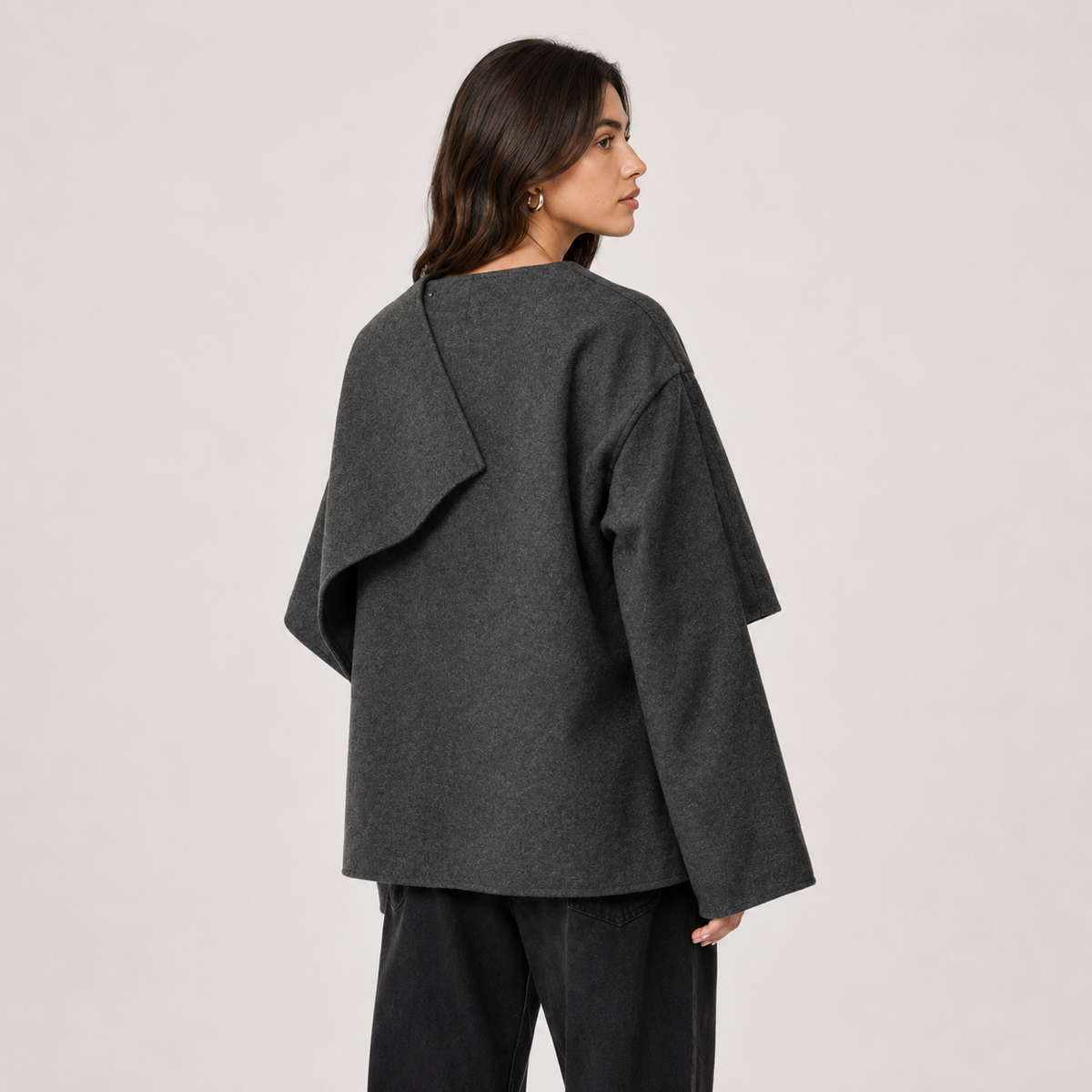 Women's gray relaxed fit cape coat with layered cape detail