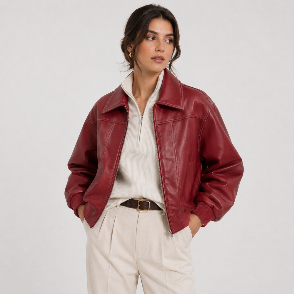 Women's red leather-look zip-front jacket with structured collar