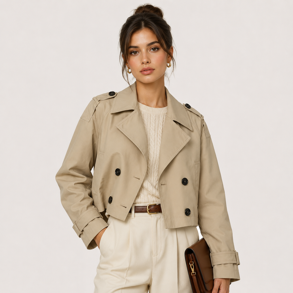 Women's cropped double-breasted trench jacket in a neutral tone