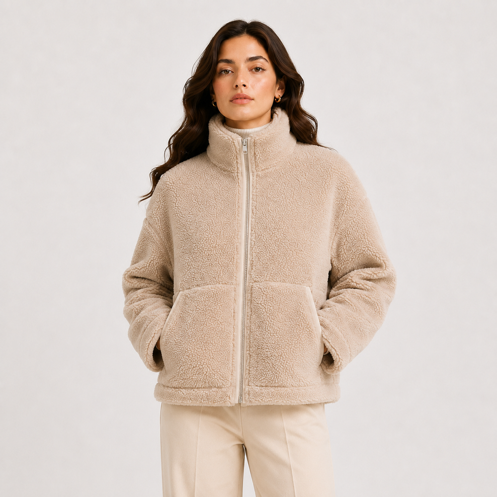 Women's classic full-zip fleece jacket with high collar in beige and cream