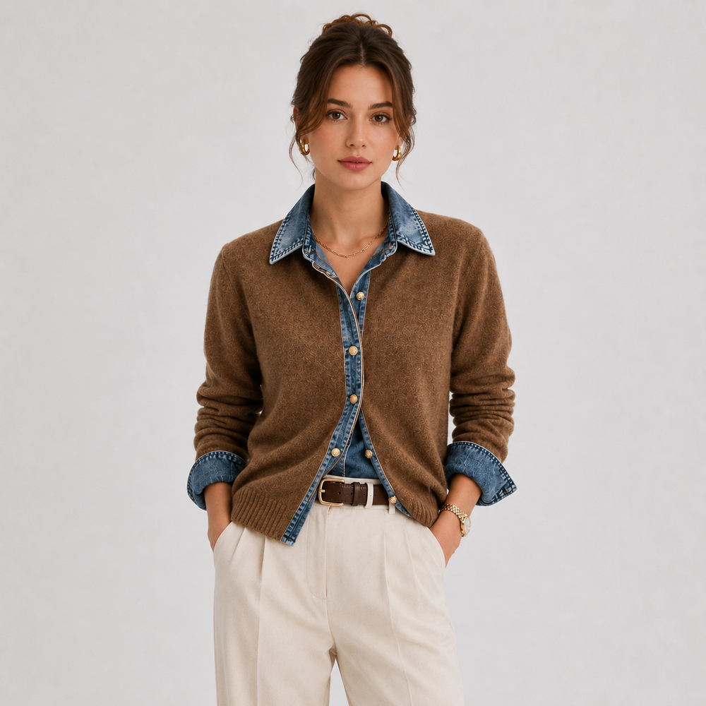 Women's classic button-front denim jacket shown in brown, blue, gray, and light gray