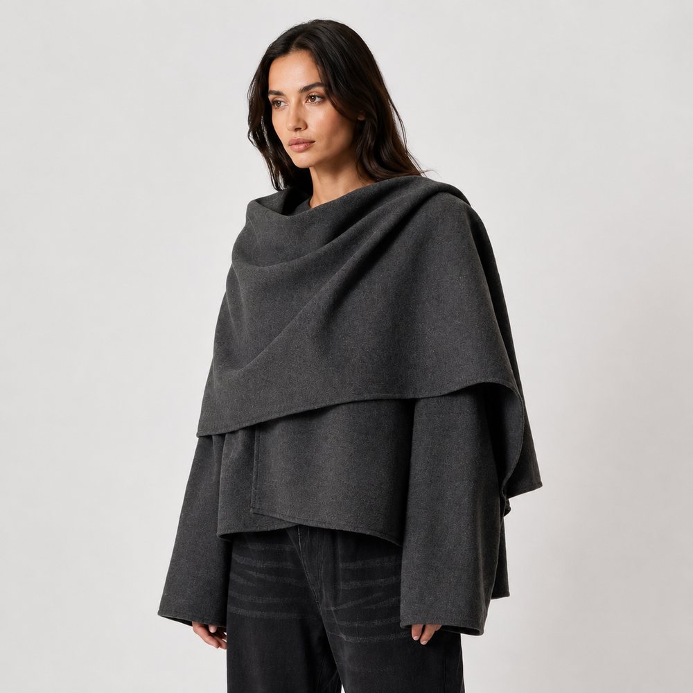 Women's gray relaxed fit cape coat with layered cape detail