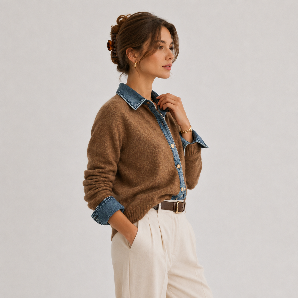 Women's classic button-front denim jacket shown in brown, blue, gray, and light gray