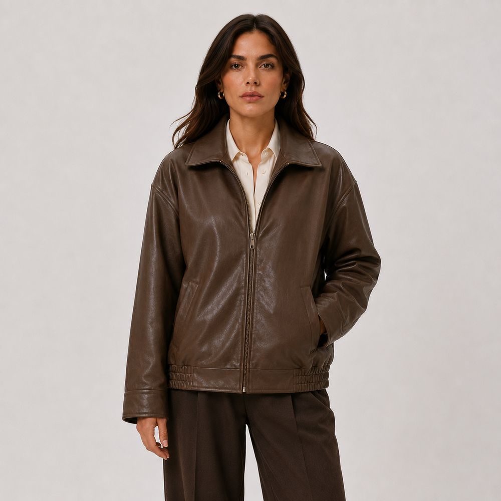 Women's relaxed fit leather look jacket with classic collar in brown and black