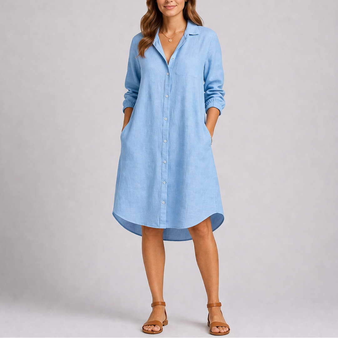 Relaxed button-front collared midi shirt dress with long sleeves and side pockets