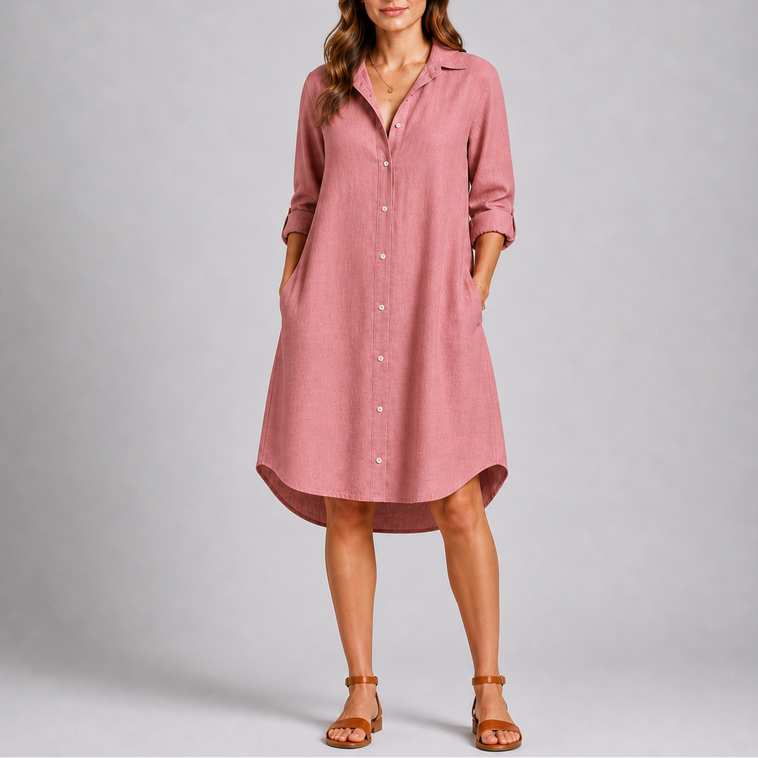 Relaxed button-front collared midi shirt dress with long sleeves and side pockets