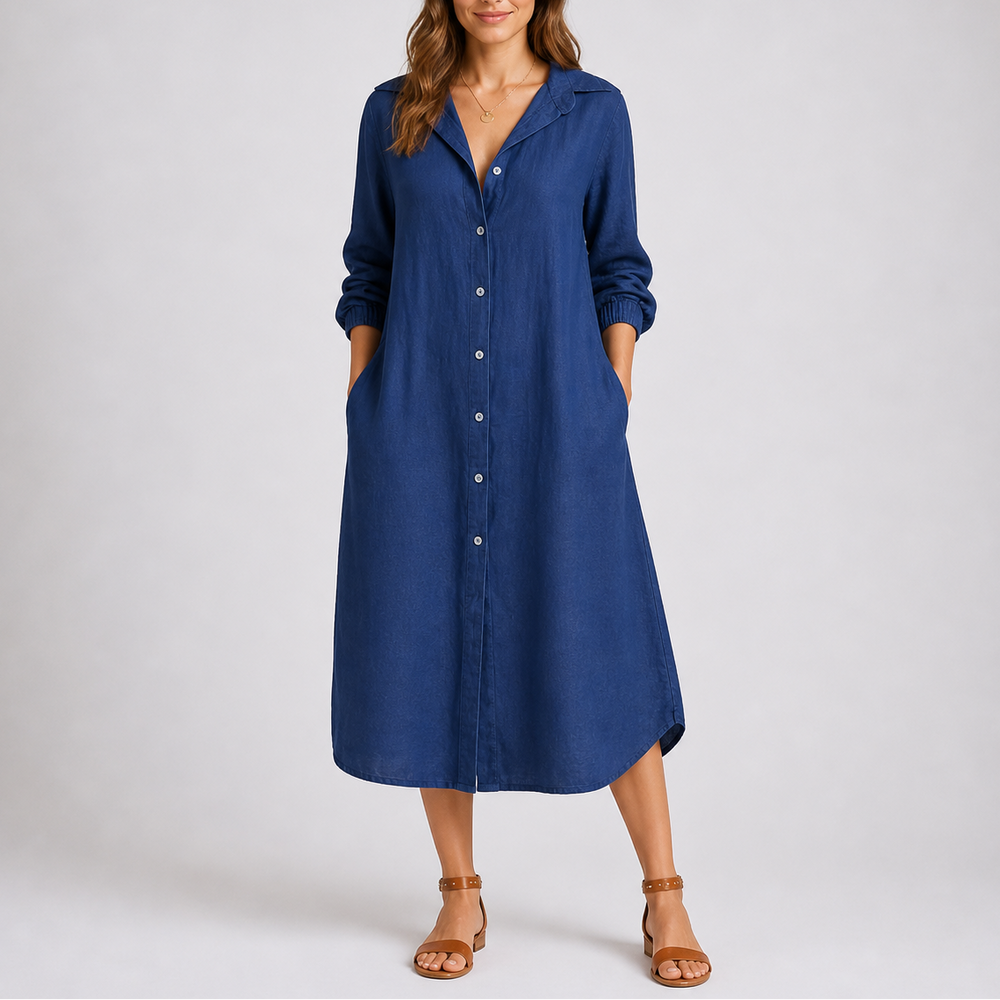 Relaxed button-front collared midi shirt dress with long sleeves and side pockets