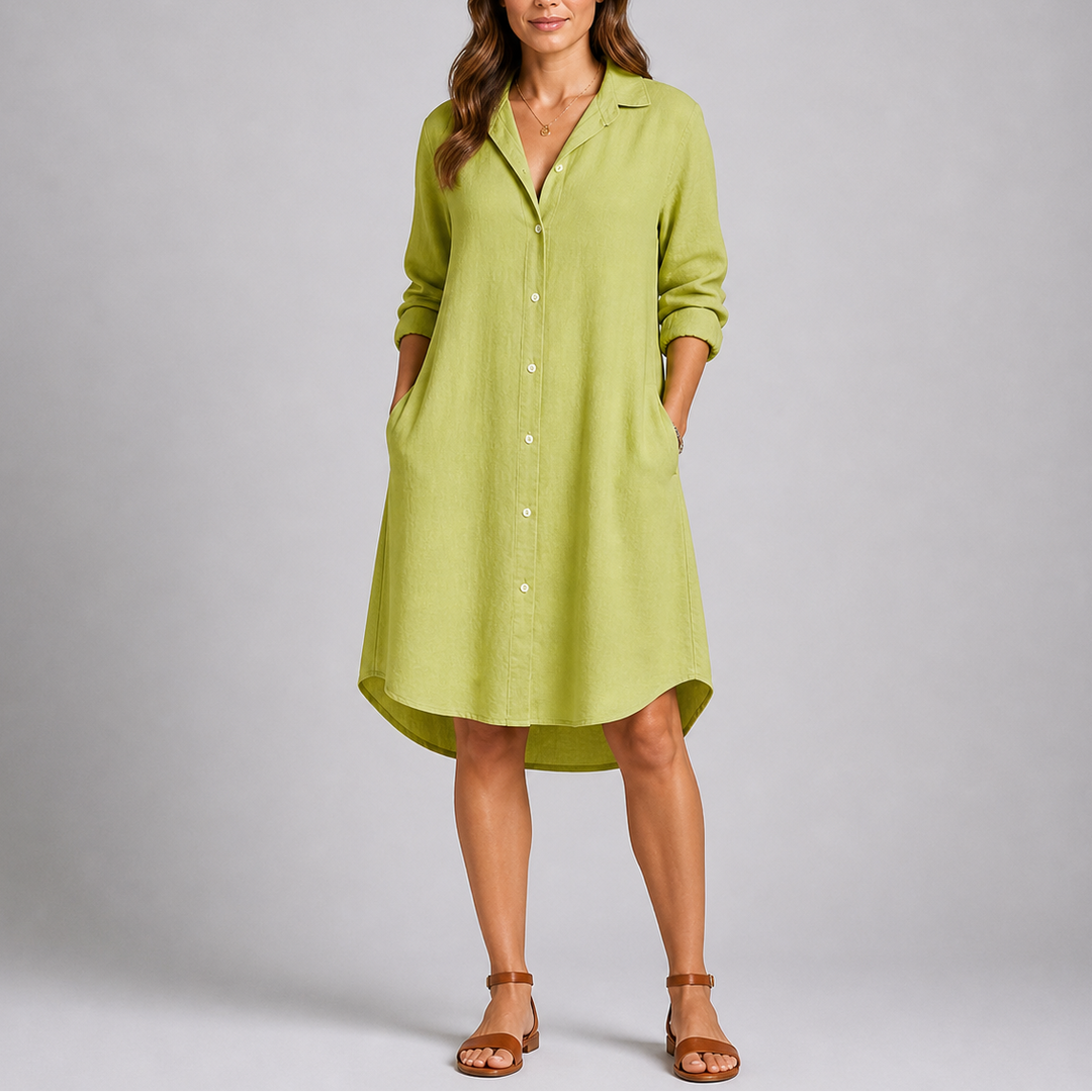Relaxed button-front collared midi shirt dress with long sleeves and side pockets