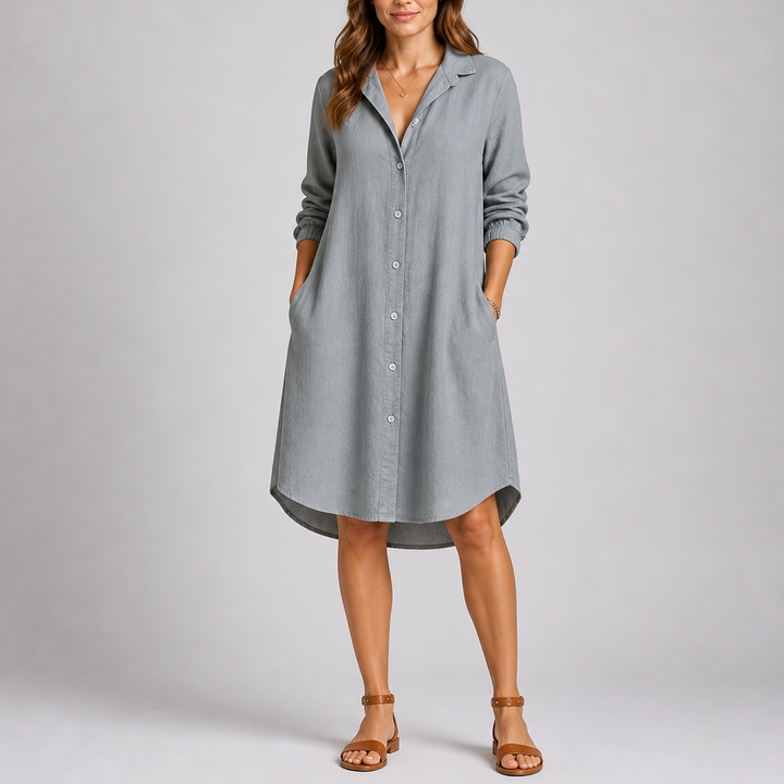 Relaxed button-front collared midi shirt dress with long sleeves and side pockets