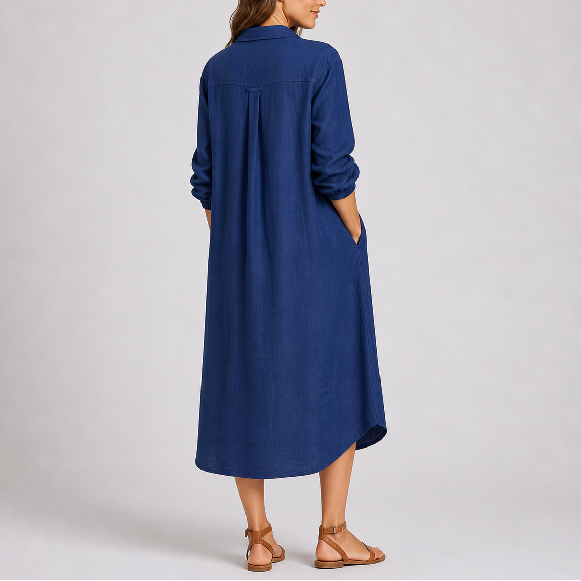 Relaxed button-front collared midi shirt dress with long sleeves and side pockets