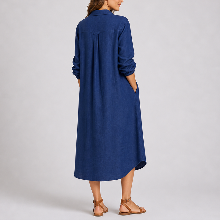Relaxed button-front collared midi shirt dress with long sleeves and side pockets