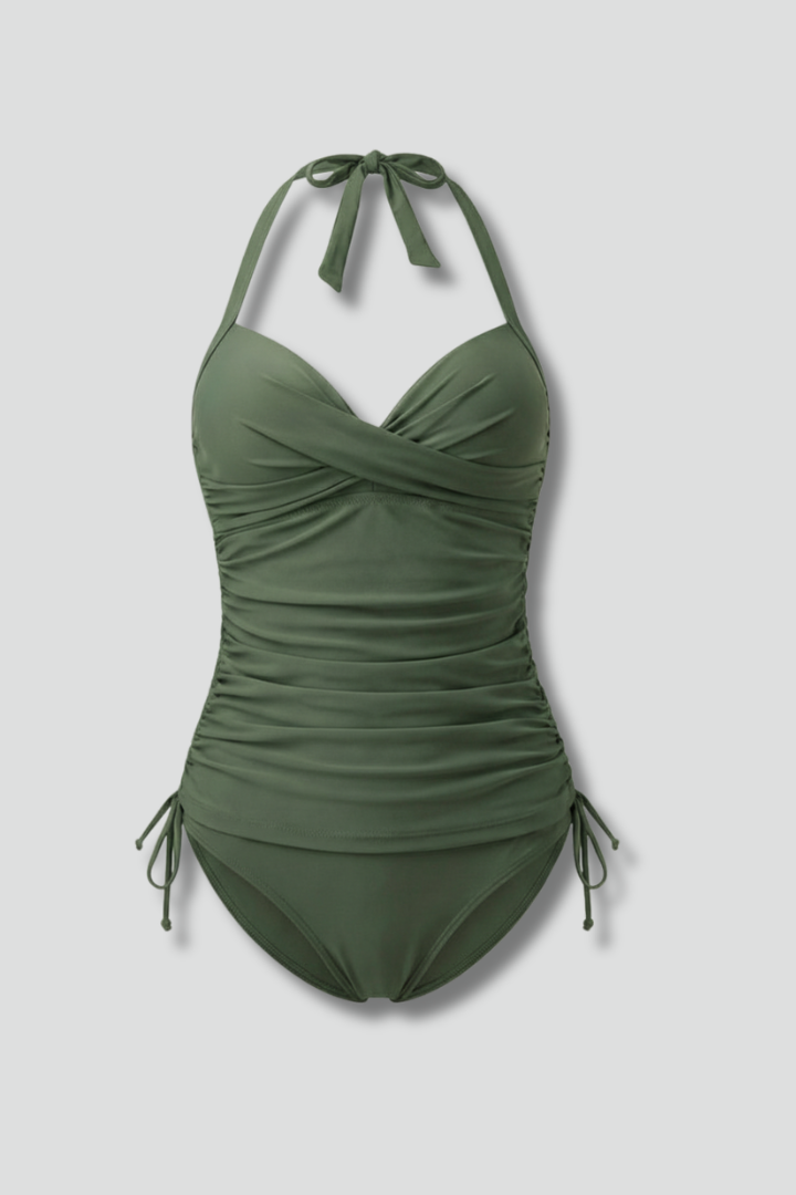 Costume da bagno da donna con scollatura a V e lati arricciati