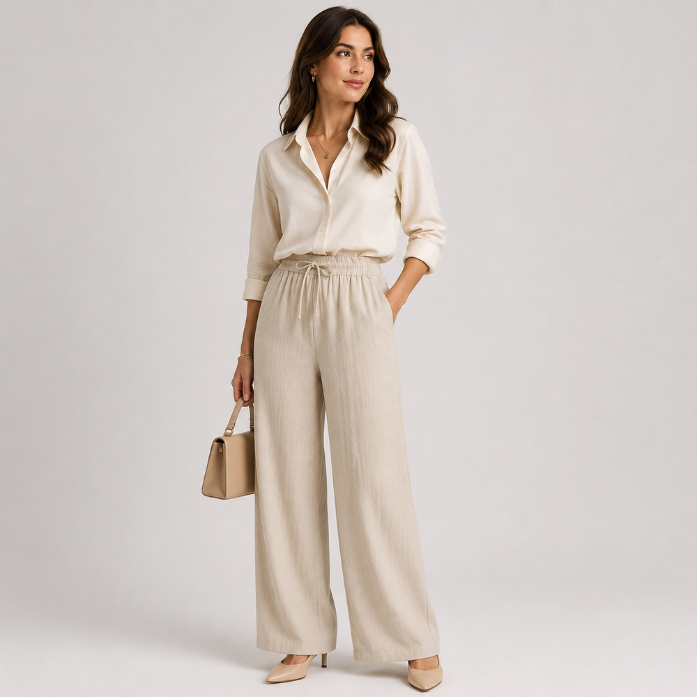 Women's wide-leg elastic waist linen-look trousers shown in neutral tones