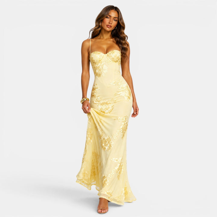 Belcien floral jacquard corset evening gown in yellow, black and light blue