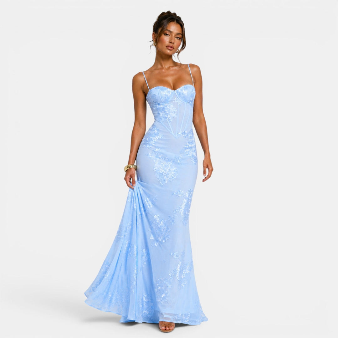 Belcien floral jacquard corset evening gown in yellow, black and light blue