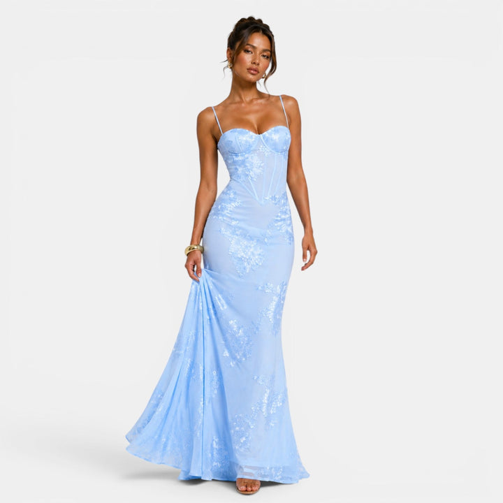 Belcien floral jacquard corset evening gown in yellow, black and light blue