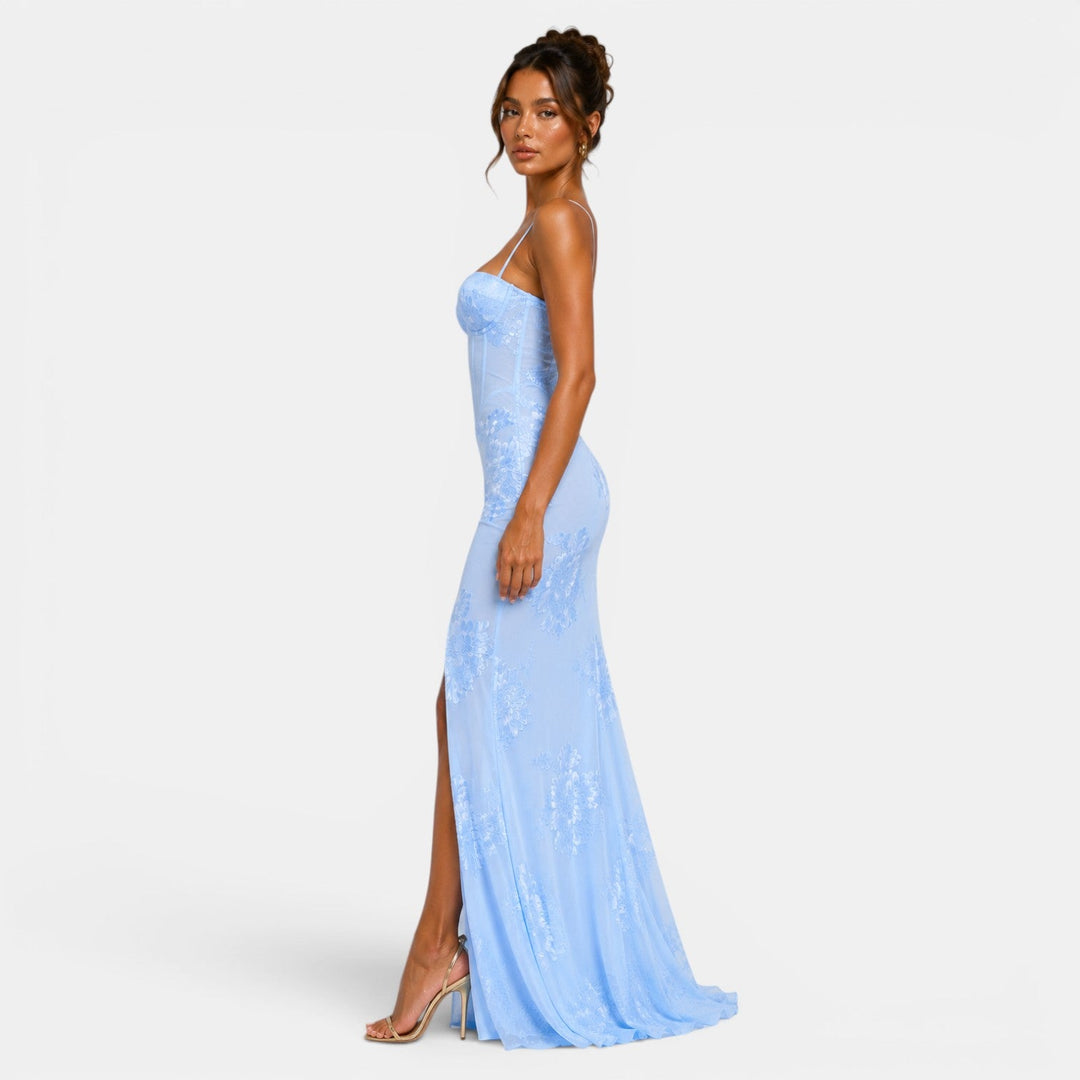 Belcien floral jacquard corset evening gown in yellow, black and light blue