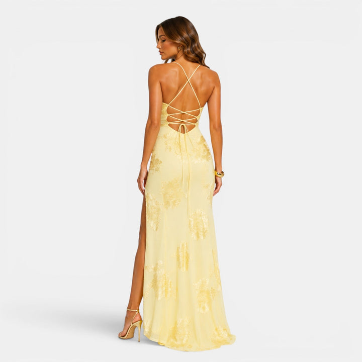 Belcien floral jacquard corset evening gown in yellow, black and light blue