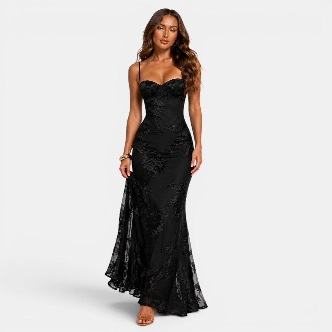 Belcien floral jacquard corset evening gown in yellow, black and light blue