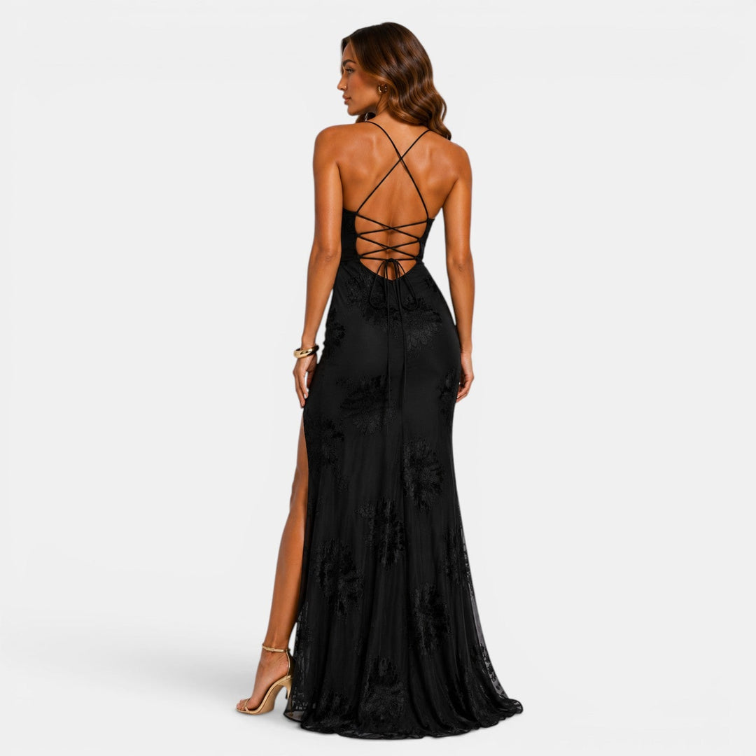 Belcien floral jacquard corset evening gown in yellow, black and light blue