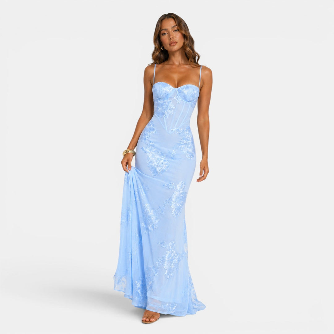 Belcien floral jacquard corset evening gown in yellow, black and light blue