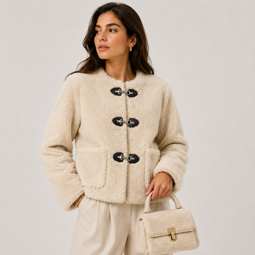 Women's cozy fleece jacket with toggle button closure and front patch pockets
