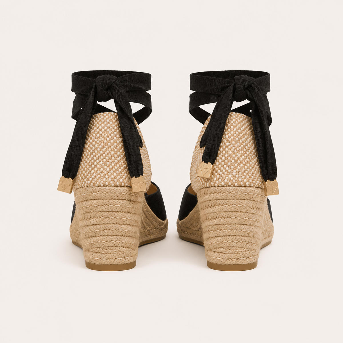 Women's wedge espadrille sandals with ankle ties in black and red